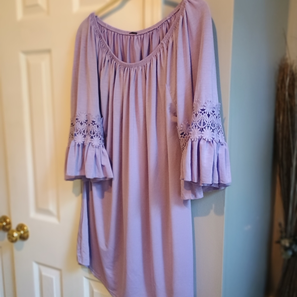 Lavender Off‎ Shoulder Tunic Dress Embroidered Bell Sleeves Boho Flowy Plus 1X - Picture 10 of 12